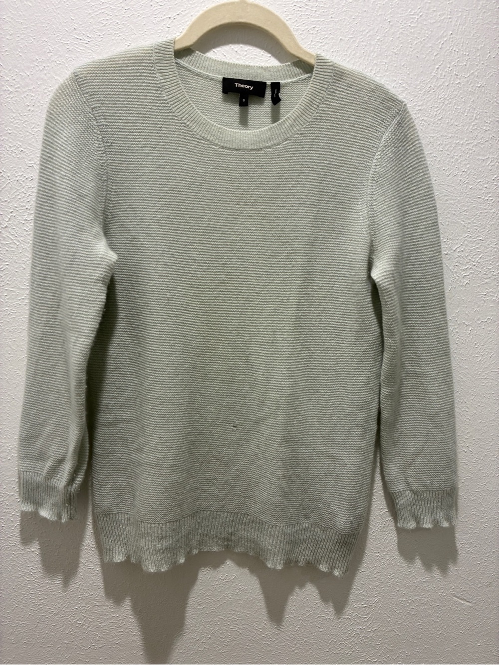 Theory Cashmere Sweater in Light Mint 3/4 sleeve